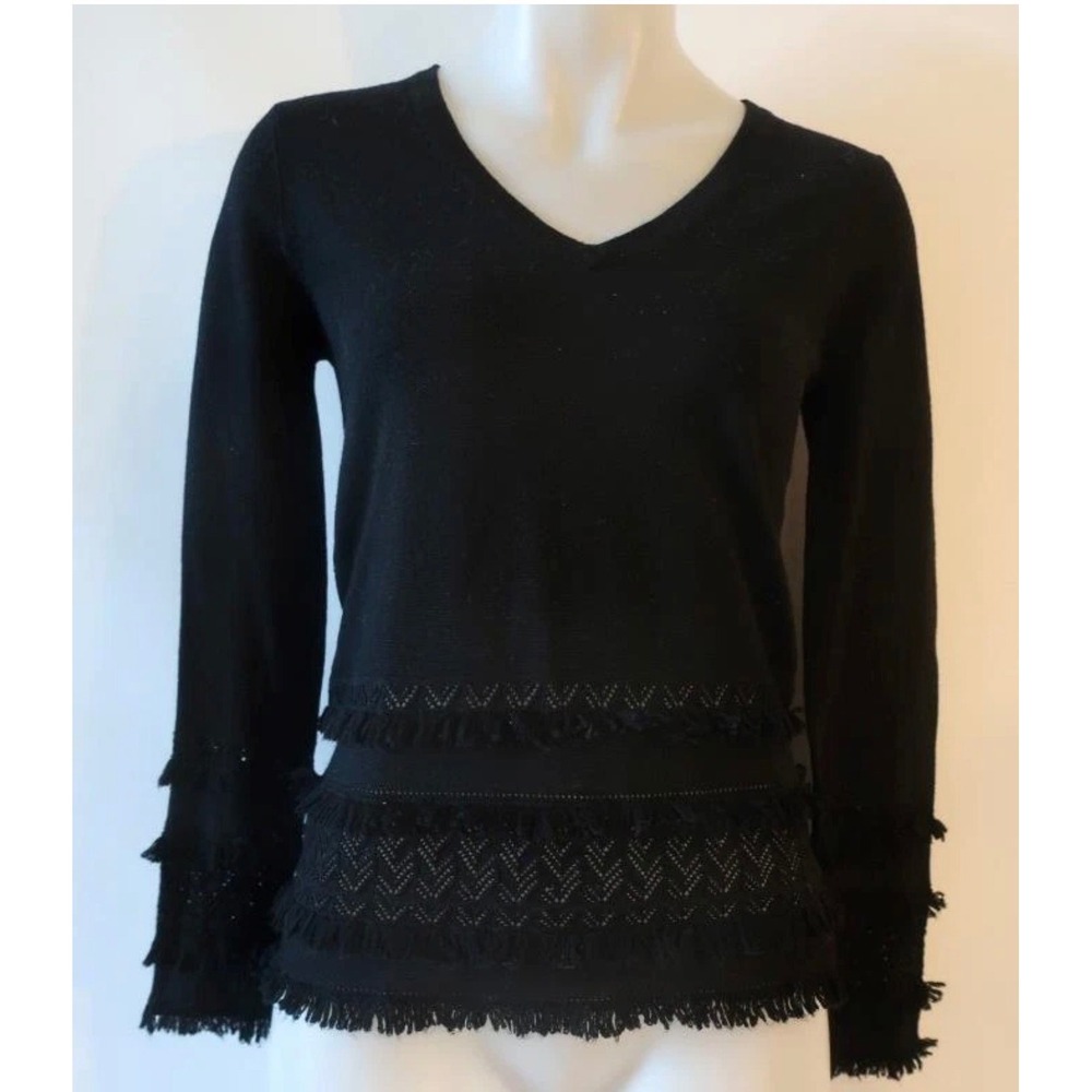 Trina Turk Merino Wool Sweater Womens Small Black V-Neck Fringed Hem Long Sleeve